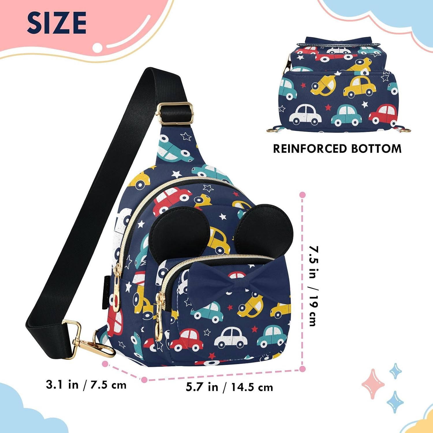 Sinestour Cars Kids Sling Bag for Girls, 5.7x7.5x3.1 Inches | Crossbody Fanny Pack, Toddler Purse, Cute Sling Belt Bag with Ears, 2L Small Shoulder Chest Bag for Travel