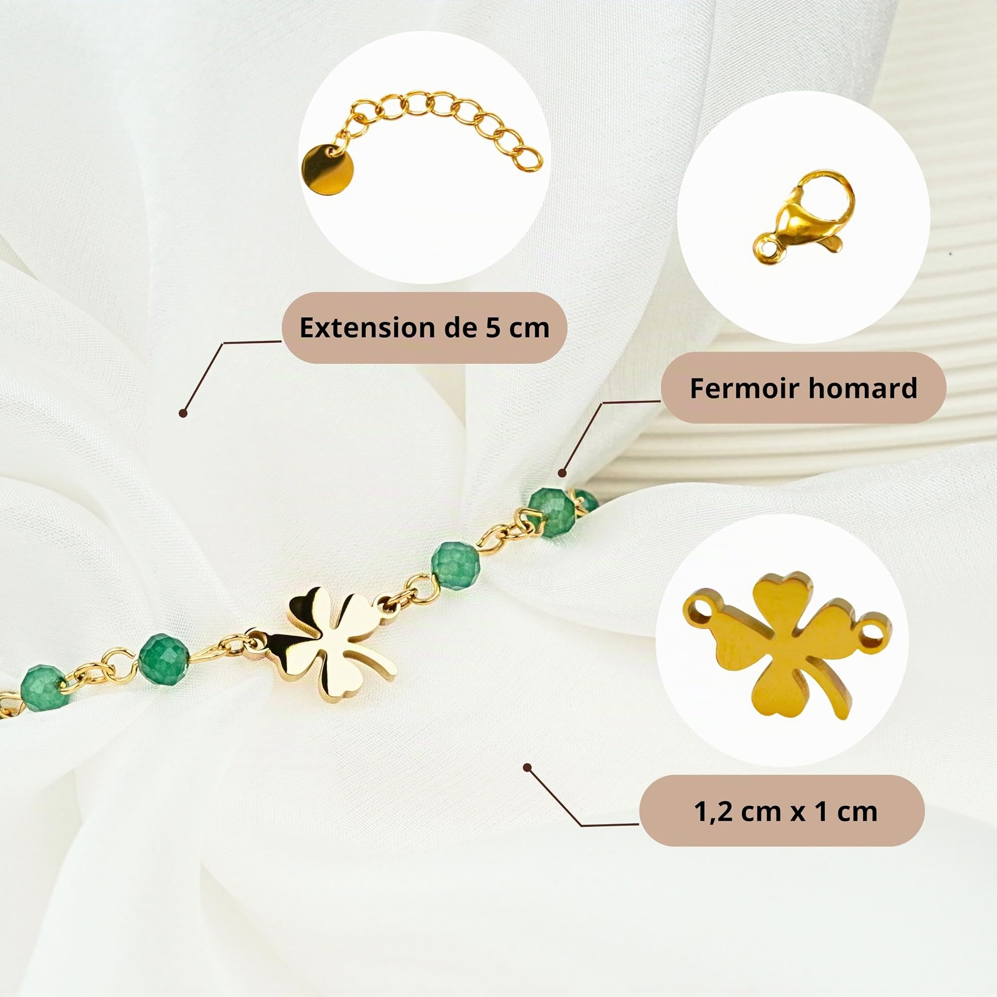 TILOVE - Bracelet Femme en Pierre Naturelle – Pierre de Lithothérapie, Chakra et Bien-Être – Trèfle Porte-Bonheur en Acier Inoxydable – Conçu en France – Idée Cadeau Fête des Mères