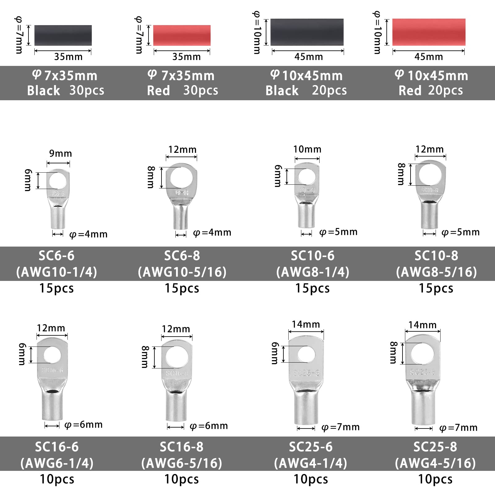 Gueenky 200 Pièces Cosse a Sertir 6/10/16/25mm², 8 Tailles M6 M8 Cosse Batterie a Sertir, Cosse Electrique Cosses Tubulaires SC Bornes Cosses de Câble à Anneau Cuivre avec Gaines Thermorétractables