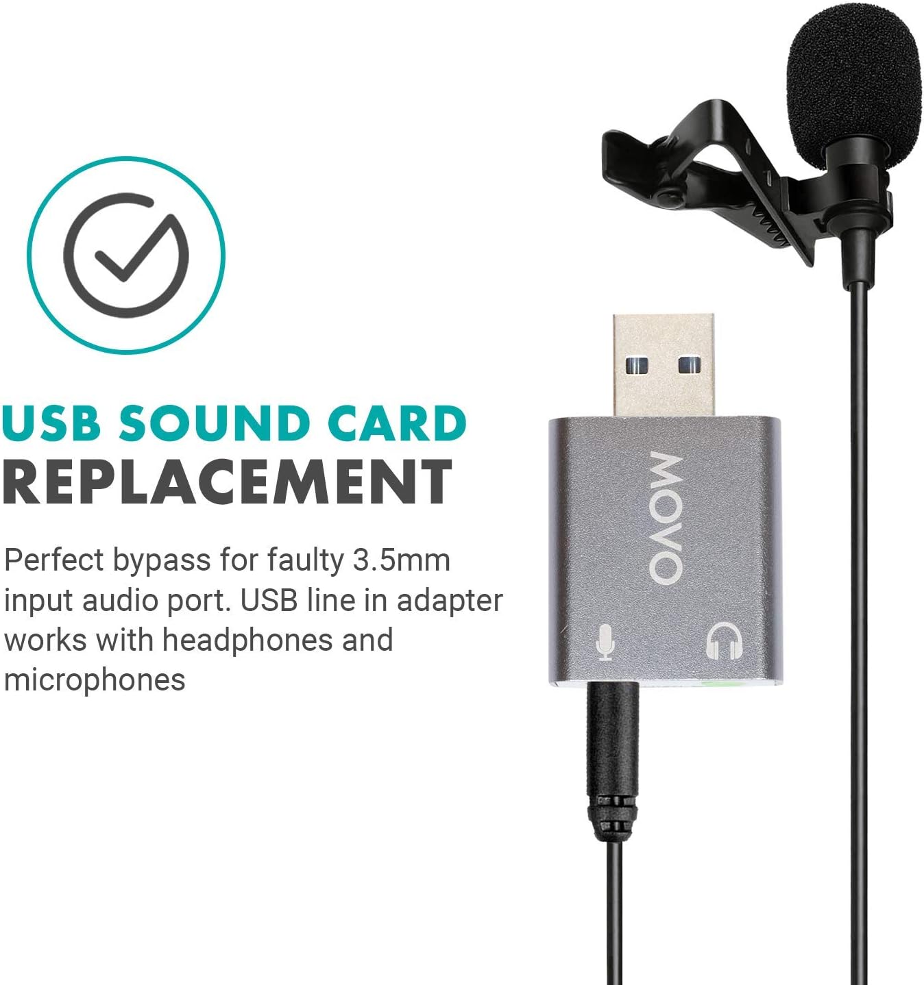 Movo USB-AC1 3.5mm TRRS Microphone to USB 2.0 Stereo Digital Audio Converter - USB Sound Card Adapter for Computer or Laptop - Convert USB Input to 3.5mm TRRS Headphone or Mic Jack