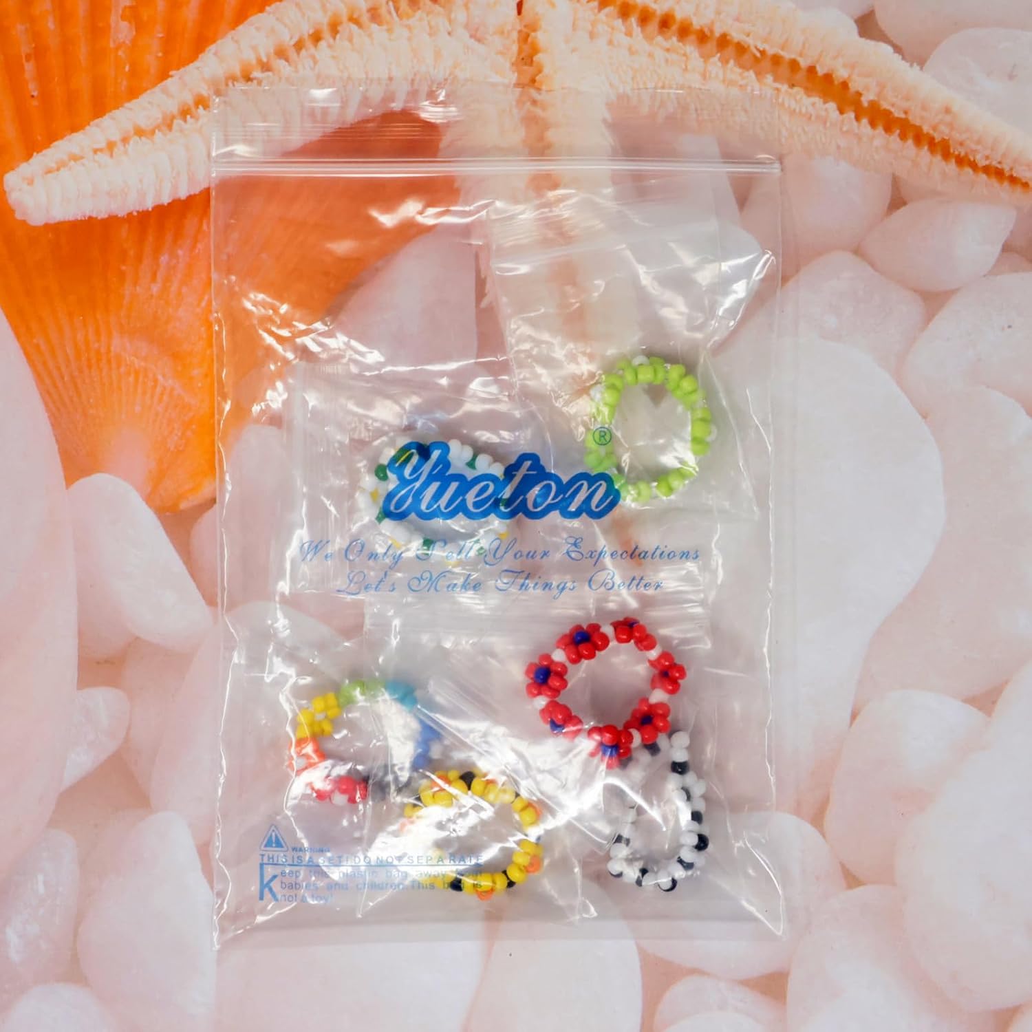 yueton 6Pcs Dopamine Hand-beaded Elastic Ring Set Colorful Adjustable Braid Small Flower Flower Ring for Seaside Holiday Bohemian Holiday Hand Jewelry