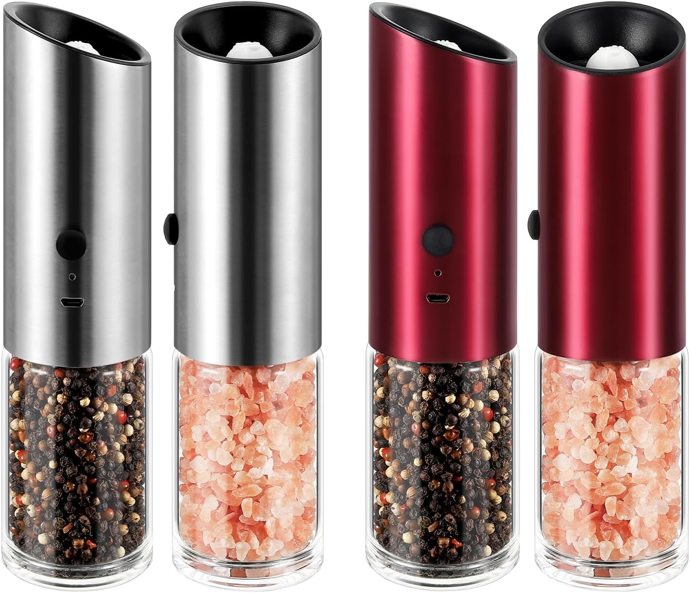 Vzaahu Gravity Electric Pepper and Salt Grinder Set of 2 Silver and Red- Rechargeable, Refillable, Adjustable Coarseness, Stainless Steel Salt Pepper Mill with LED light - One Hand Operation