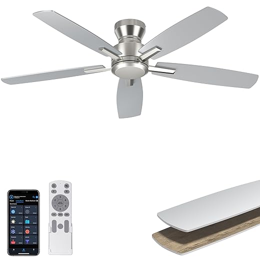 Ohniyou 52 Inch Ceiling Fan No Light, Low Profile Ceiling Fan with Remote and App Control, Flush Mount Ceiling Fan without Light for Bedroom Living Room Covered Patios, Quiet DC Motor, Silver