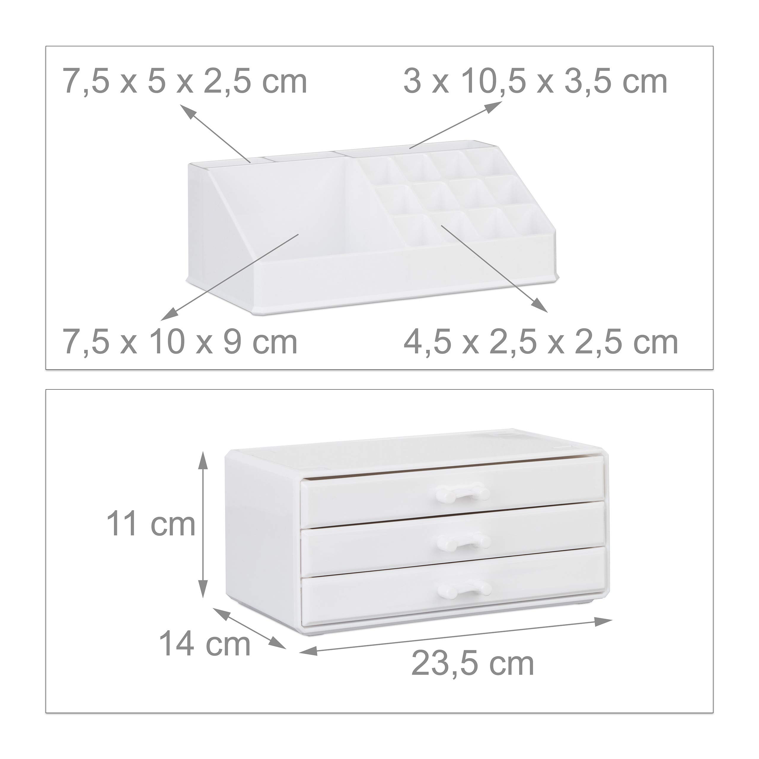 Relaxdays akrylowy organizer na kosmetyki, 2-częściowa szkatułka, na make up i biżuterię, 3 szufladki, kolor biały