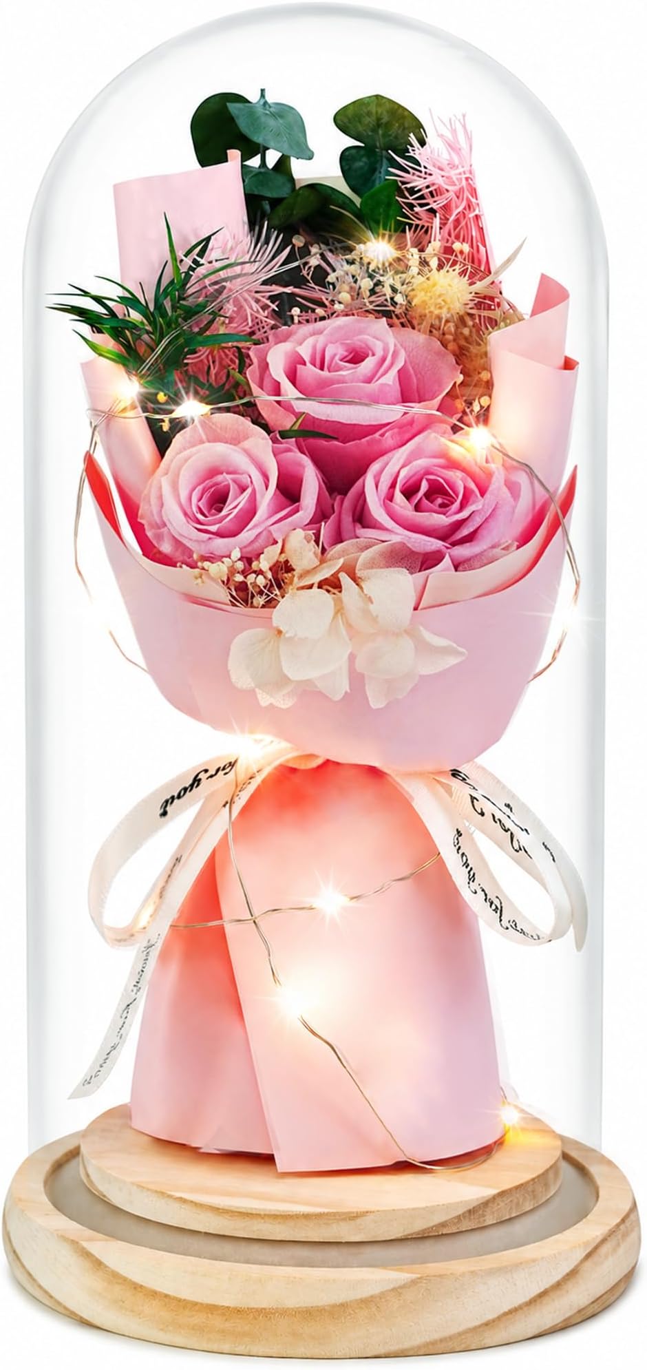 HVY Preserved Flowers Gifts for Her,Preserved Rose Bouquet in Glass Dome,Forever Flowers Fresh Bouquet Present for Women Mothers Day Birthday Gifts for Mom Wife Grandma,Pink Real Rose