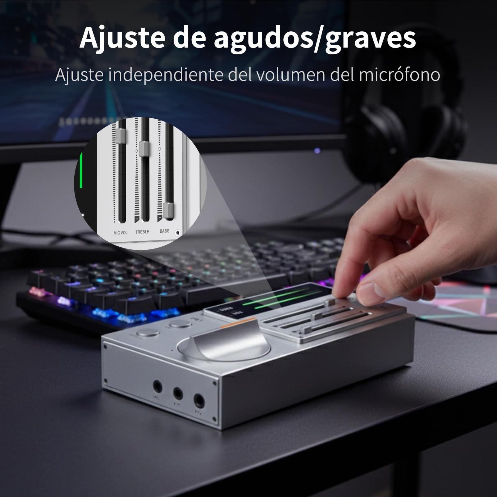 SMSL R1 DAC Amplificador de Auriculares, DAC Amp de Escritorio, Convertidor de Audio Digital a Analógico USB C para Gaming PC PS5, Entrada Micrófono/USB/Óptica/Coaxial, Salida 3,5mm/4,4mm/RCA, Plata