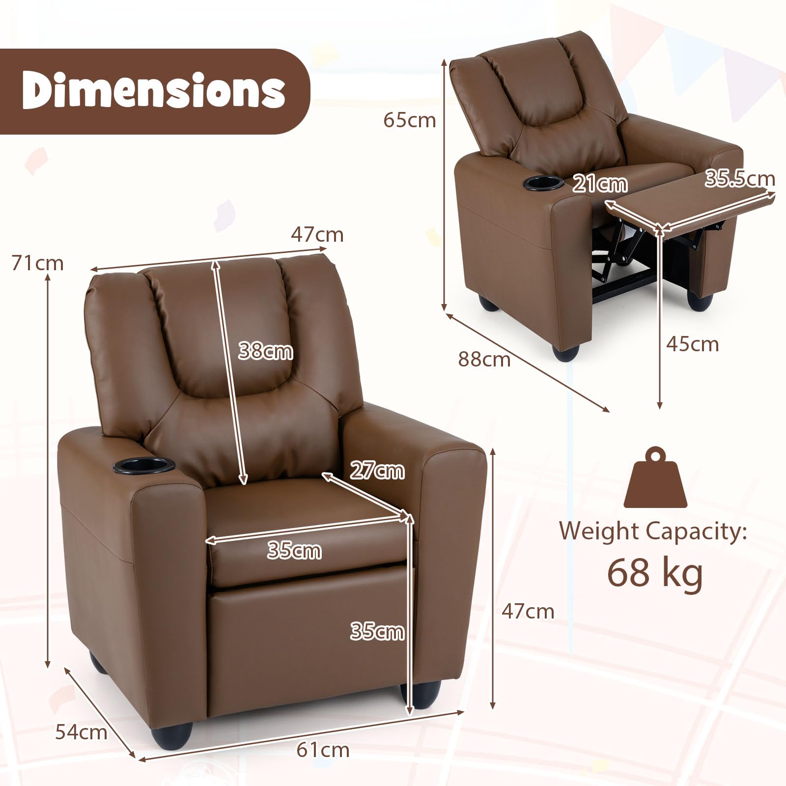LIFEZEAL Kindersofa, Kindersessel mit Liegefunktion, 2-in-1-Relaxsessel für Kinder, Kindercouch mit Verstellbarer Fußstütze & Getränkehalter, Kleines Sofa für Kinderzimmer, Spielzimmer (Braun)