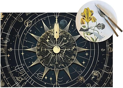 Miniatura 5 de Juego de 6 manteles individuales de PVC con patrón astrológico antideslizante, 12 x 18 pulgadas, juego de manteles individuales duraderos para cenas