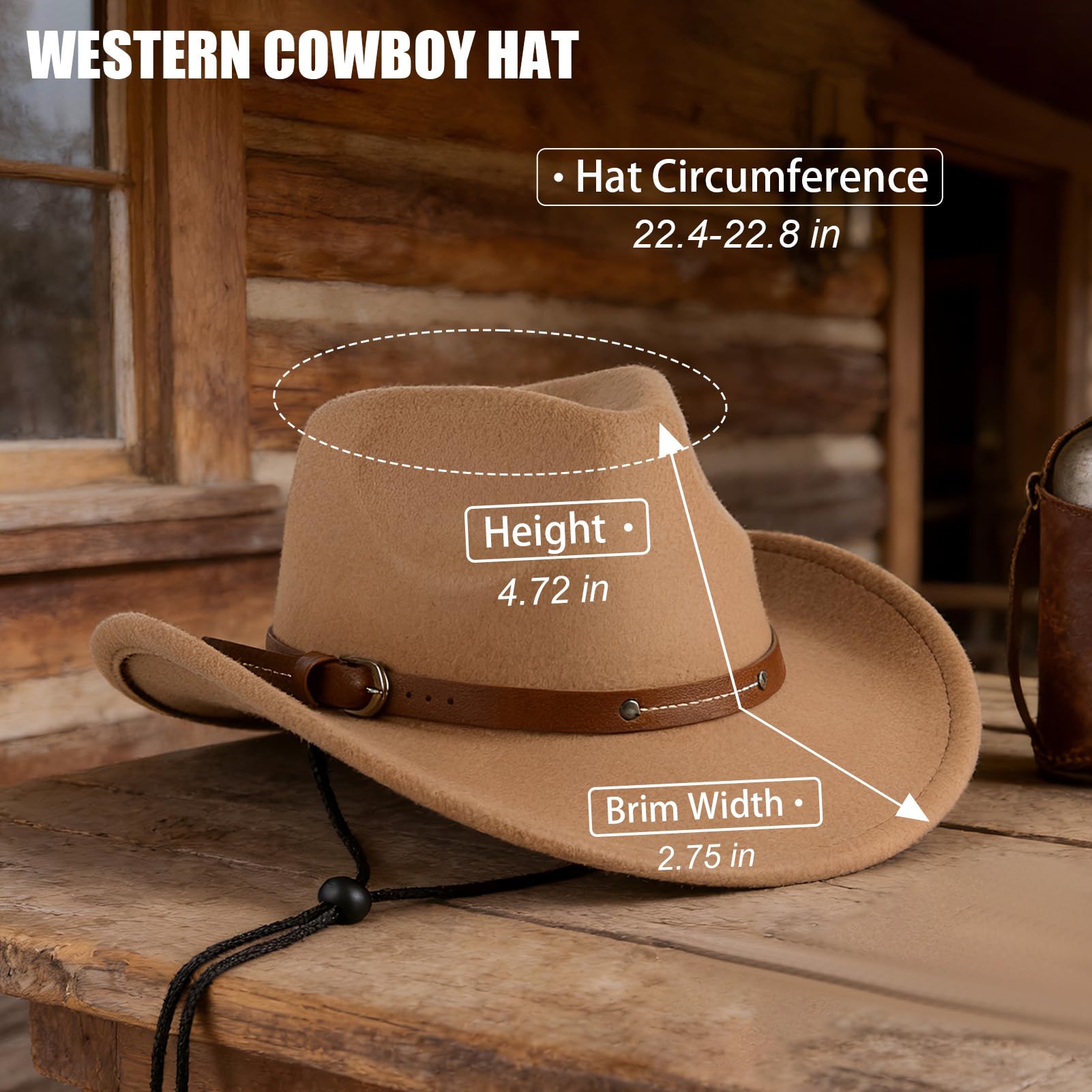 Cowboyhut für Männer und Frauen, Unisex Western Cowboy Hut, Filz Wide Edge Western Cowboy Hut Klassischer Panamahut Outdoor Wide Edge Hut mit Riemen (Camel)