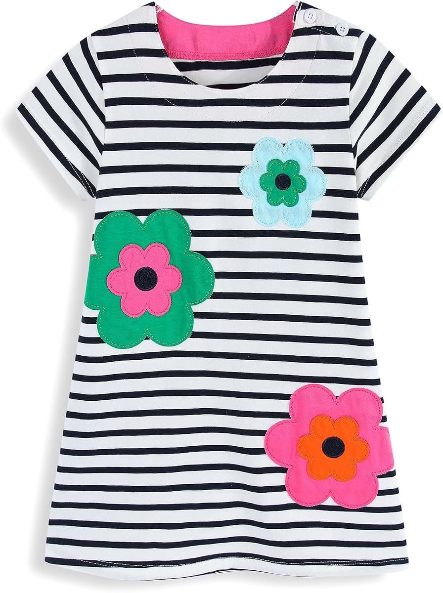 HILEELANG Girls Easter Dress Short Sleeve Cotton Casual Dress, Suitable for Toddlers, Cute and Soft Spring/Summer Dress 2-7Y