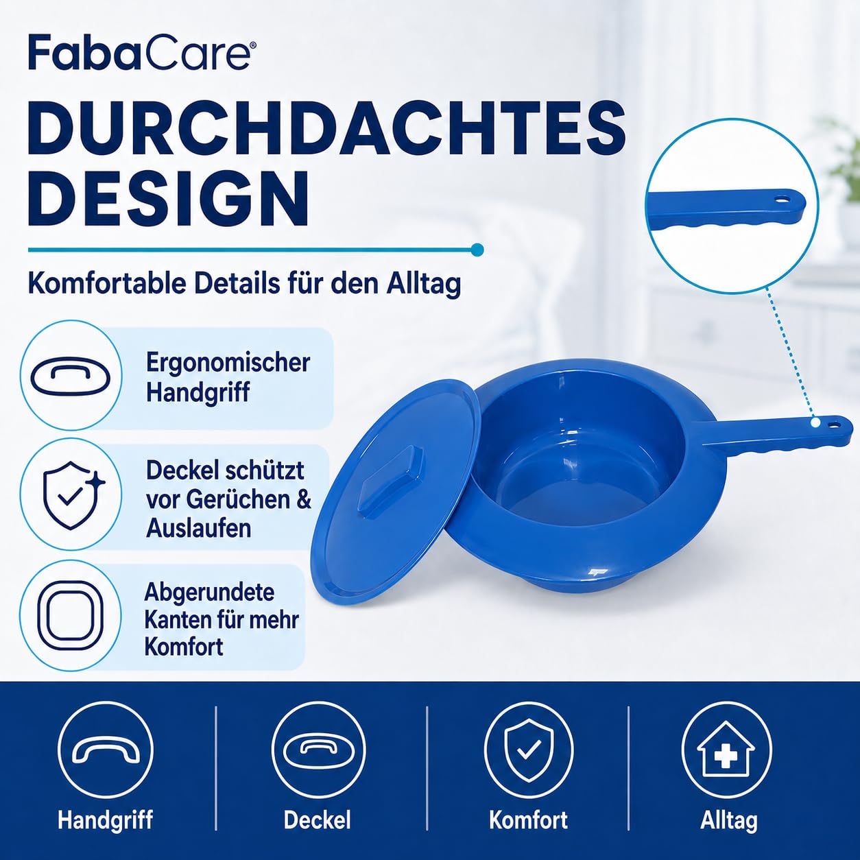 FabaCare Bettpfanne mit Deckel blau für Erwachsene | Stechbecken aus Kunststoff mit Griff, 30 cm Durchmesser, 8 cm Höhe, für Pflege, Klinik und Zuhause