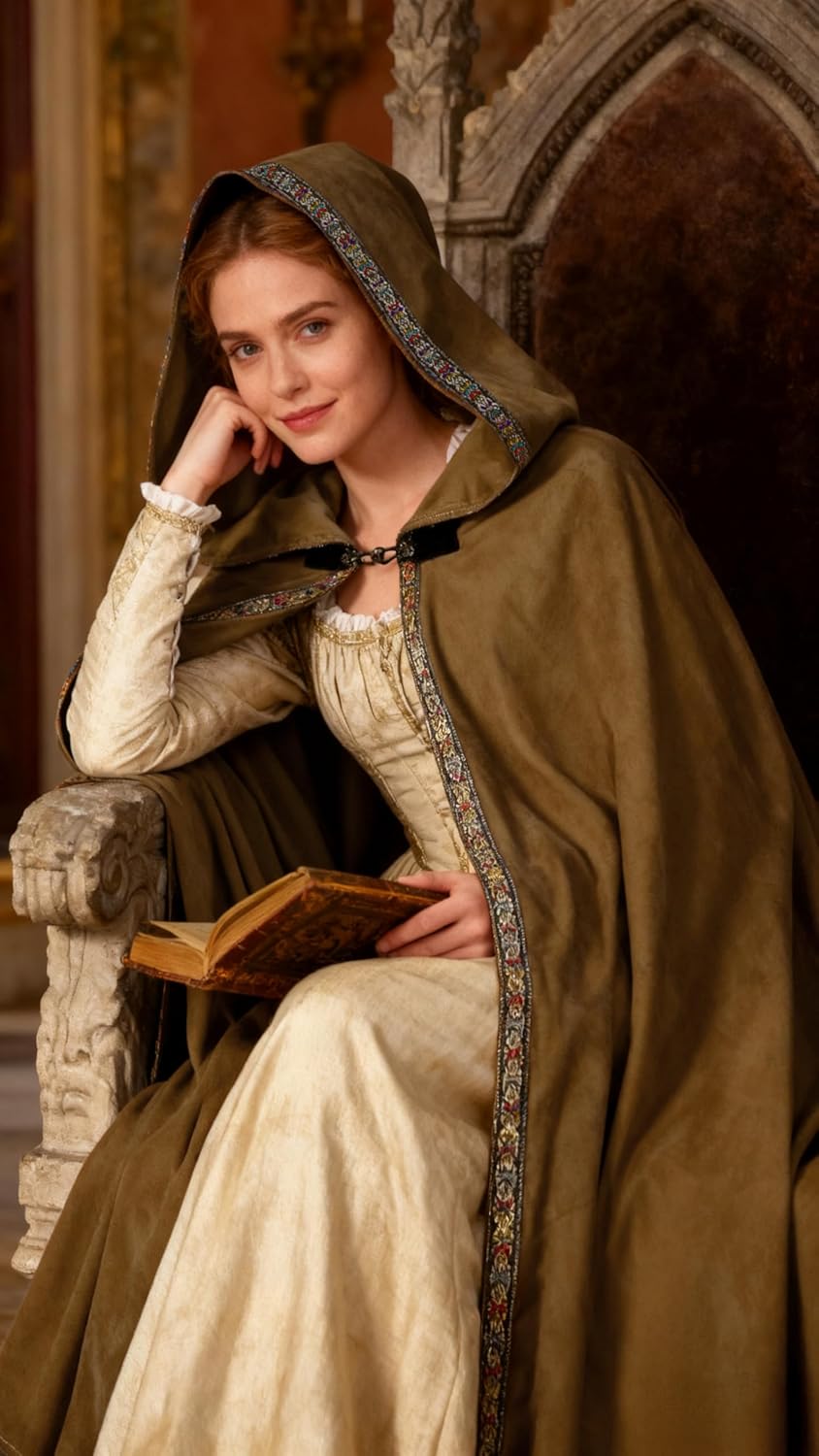 UQJE Medieval Cloak with Hood Wizard Cloak Halloween Renaissance Hooded Cape for Man and Women - Image 3