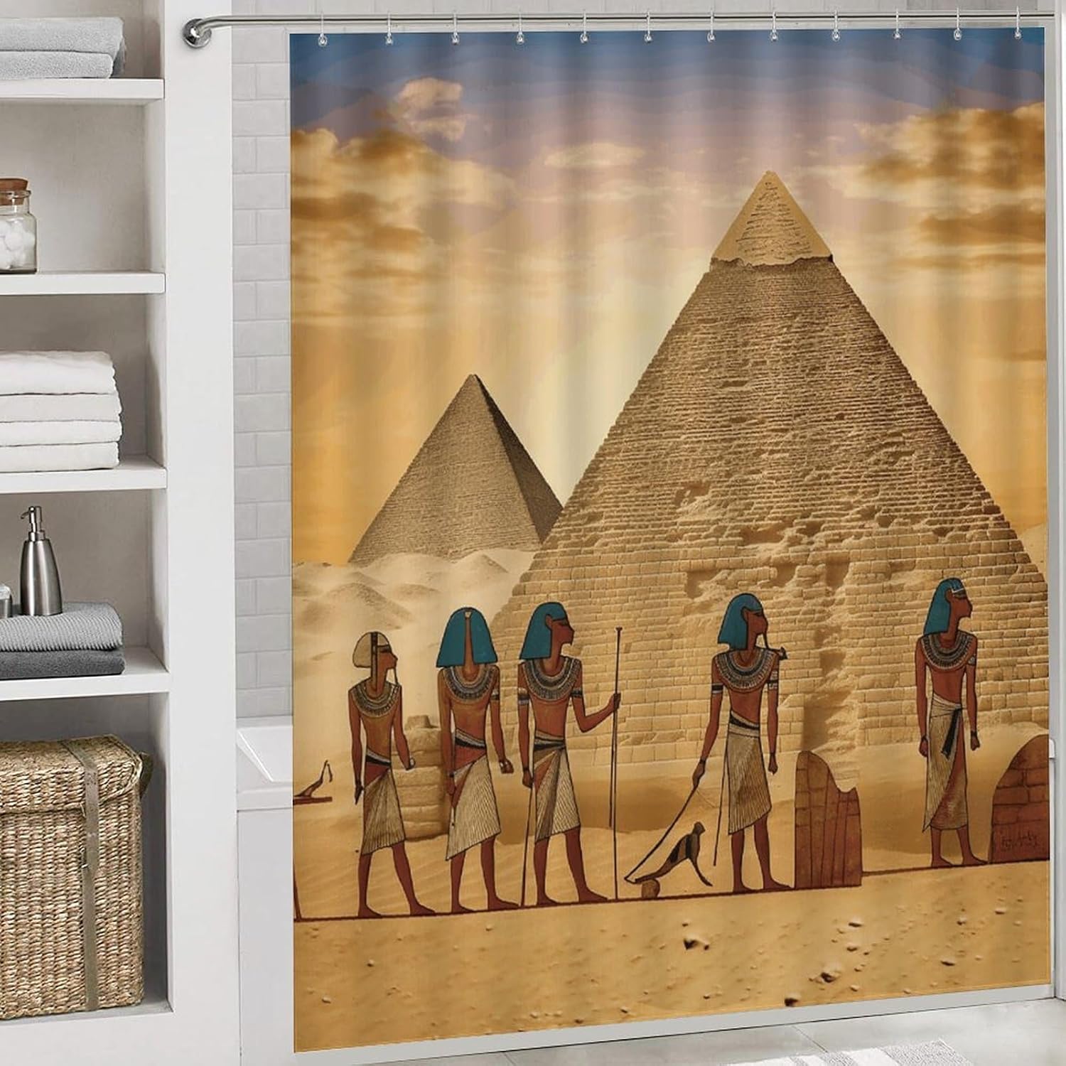 Ancient Egyptians Shower Curtain Set 4 Piece, Non-Slip Bath Mat with Toilet Lid Cover and Waterproof Shower Curtain with 12 Hooks, Complete Bathroom Set for Home Decor