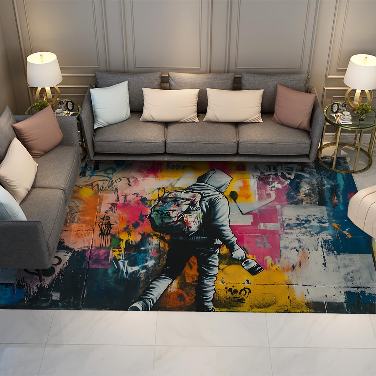 Tapis de sol antidérapant et lavable style graffiti rétro