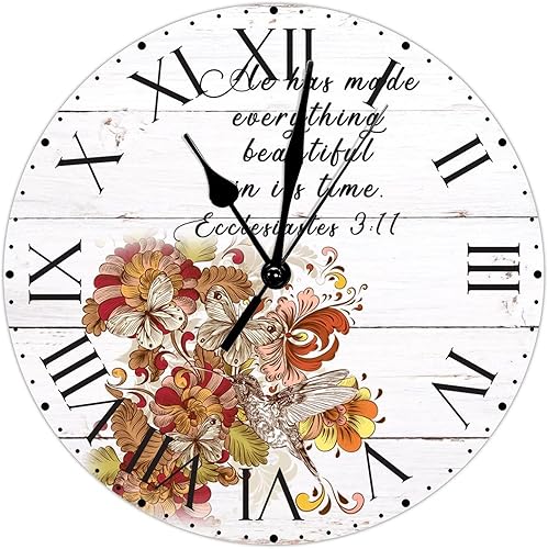 Miniatura 91 de ArogGeld He Made Everything Beautiful - Reloj de pared de PVC con flores rosadas, colibrí, reloj de pared grande con cita y números romanos, reloj