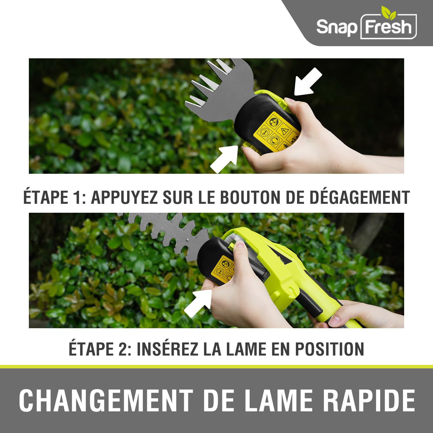 SnapFresh Taille Haie Batterie Electrique Mini Taille-Herbes sans Fil avec Batterie 8V Cisailles à Gazon Sculpte-Haies 2 en 1 - Autonomie: 60 Min, Longueur de Lame: 14 cm(Arbustes) / 8 cm(Herbe)