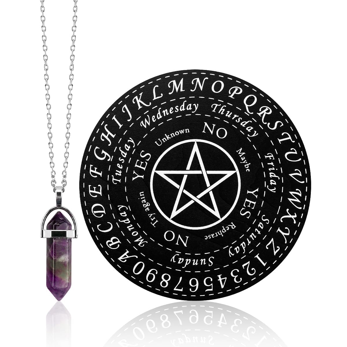 Pendulum Board and Crystal Dowsing Pendulum Necklace Set - Wooden Divination Board for Witchcraft Supplies