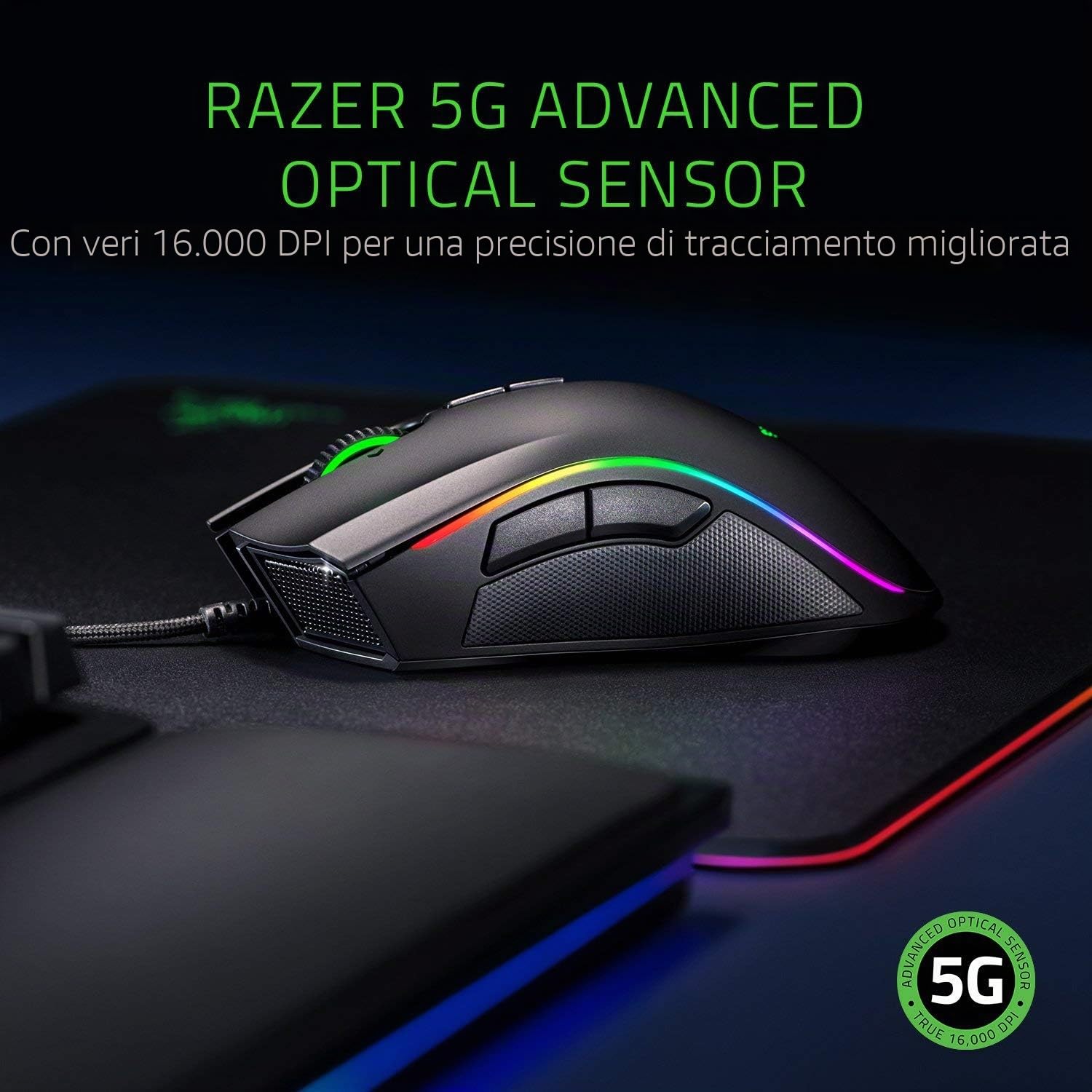 Razer Mamba Elite Gaming Mouse Cablato con Zone Luminose Razer Chroma Estese, Sensore Ottico 5G, Tasti del Mouse Meccanici, 9 Pulsanti Programmabili, Nero