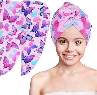 Basumee Microfiber Hair Towel Wrap for Kids 2 Pack - Rapid Drying Turbans With Button for Wet Hair - Head Towel Wrap for Women and Girls, Blue Pink Butterfly