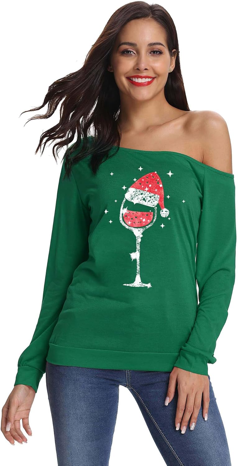 LYHNMW Women's Sexy Off Shoulder Long Sleeve Christmas Letter Print T-Shirt Tunic Tops Holiday Merry Xmas Hoodie - Image 3
