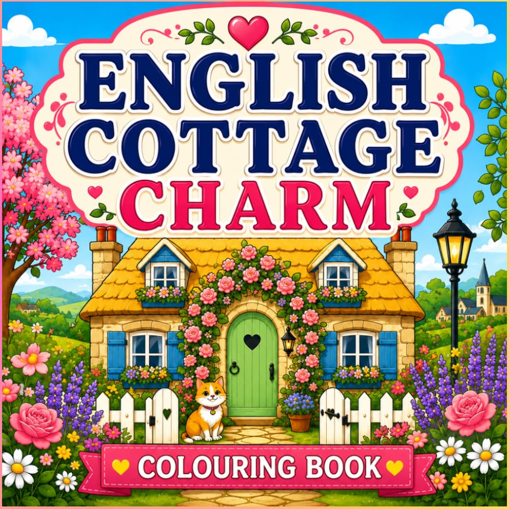 English Cottage Charm Colouring Book for Adults and Kids: Cosy Country Cottages, Blooming Gardens, Village Paths and Relaxing Countryside Scenes