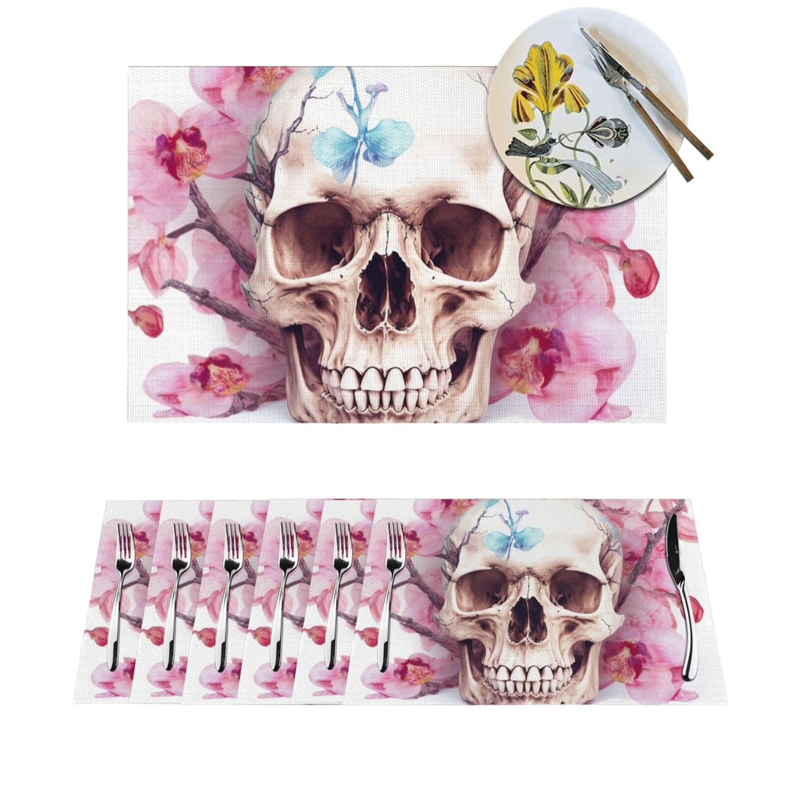 Set de table tête de mort et fleurs en PVC tissé résistant lot de 6