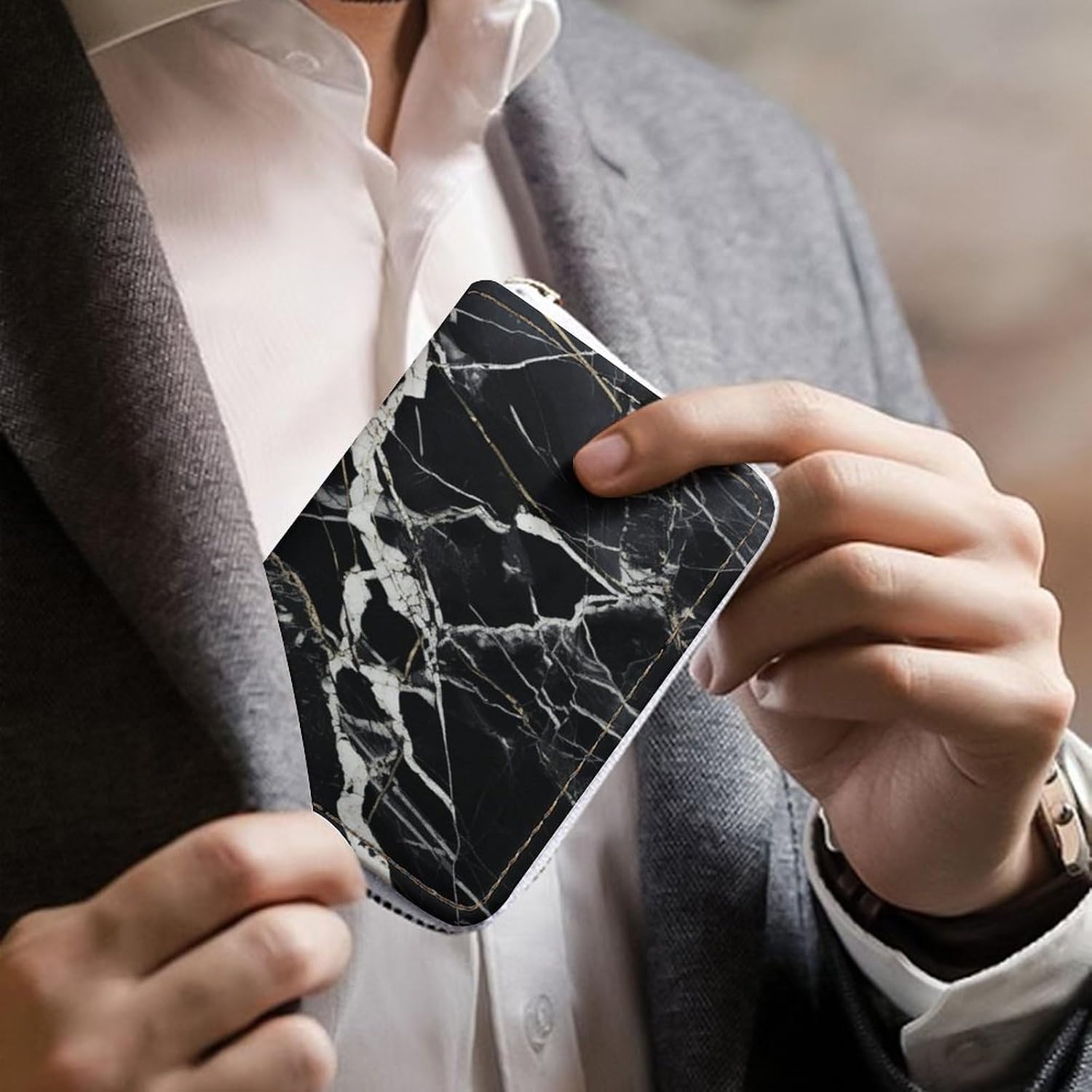Leather Card Organizer Case Card Wallet Credit Card Holder Black And White Marble Printed Zipper Card Cases Holder for Women Men