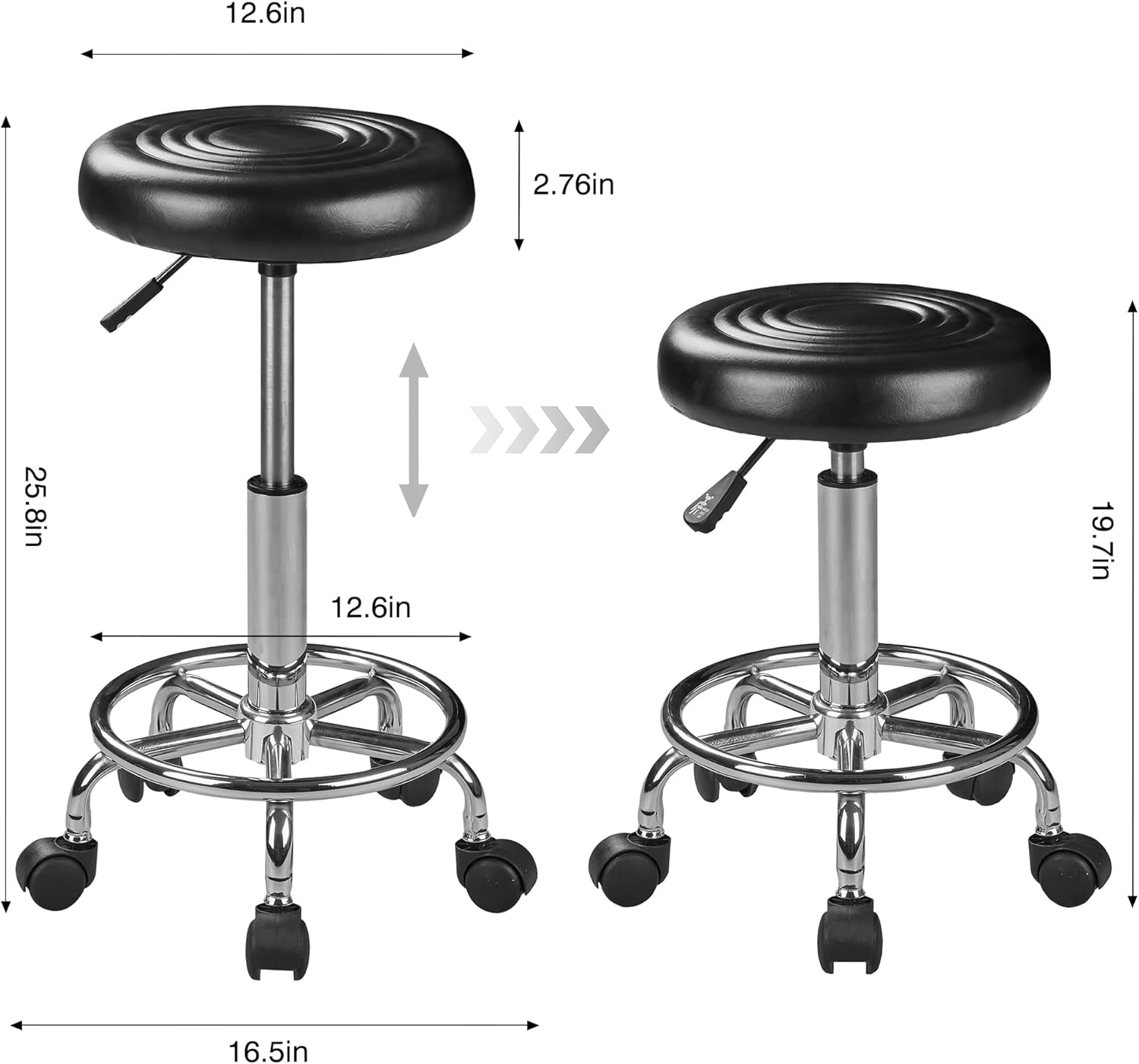Diagram showing the dimensions and adjustable height range of the VECELO rolling stool