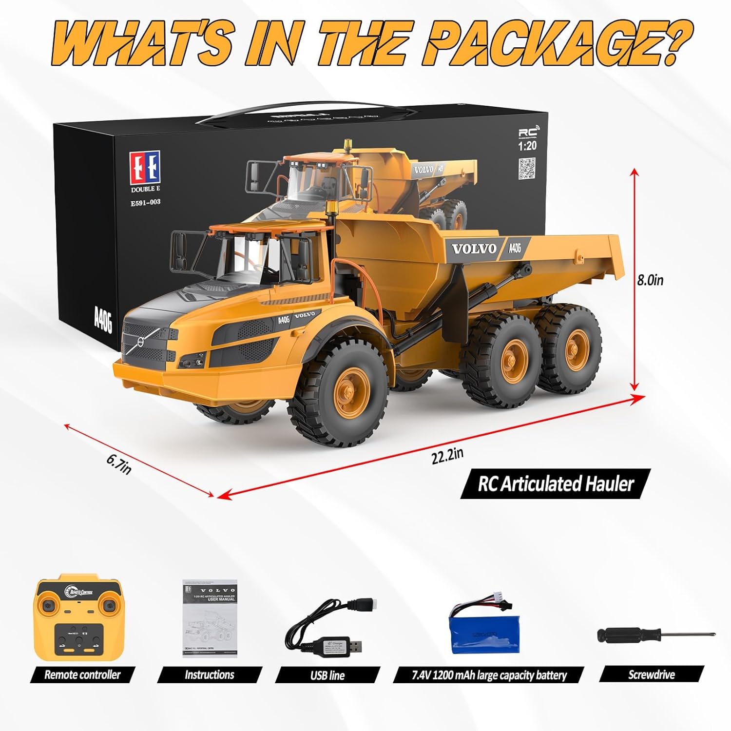 DOUBLE E 1:20 Scale Volvo A40G RC Dump Truck Toy 2.4GHz Articulated Hauler for Adults, RC Construction Toys Vehicles with Simulated Acoustic-Optical, 3 Motors, 3kg Load, 6-Wheel Dump Bed