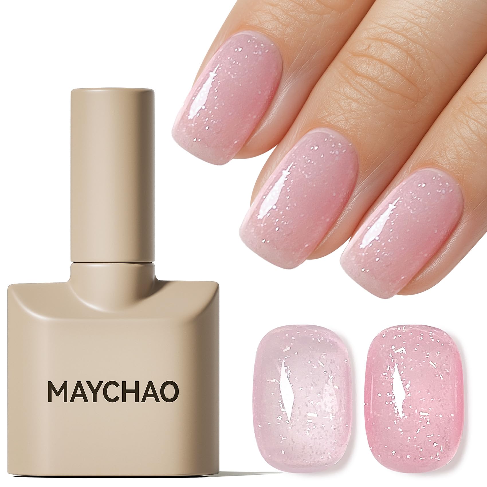 MAYCHAO 15ML Glitter Nude Pink Gel Nail Polish 1Pc Iridescent Shimmer Jelly Neutral Skin Tone Clear Sparkly Pink Natural Soak off UV LED Cured Nail Polish for Manicure Salon DIY at Home, 0.5 OZ Glitter Jelly Pink
