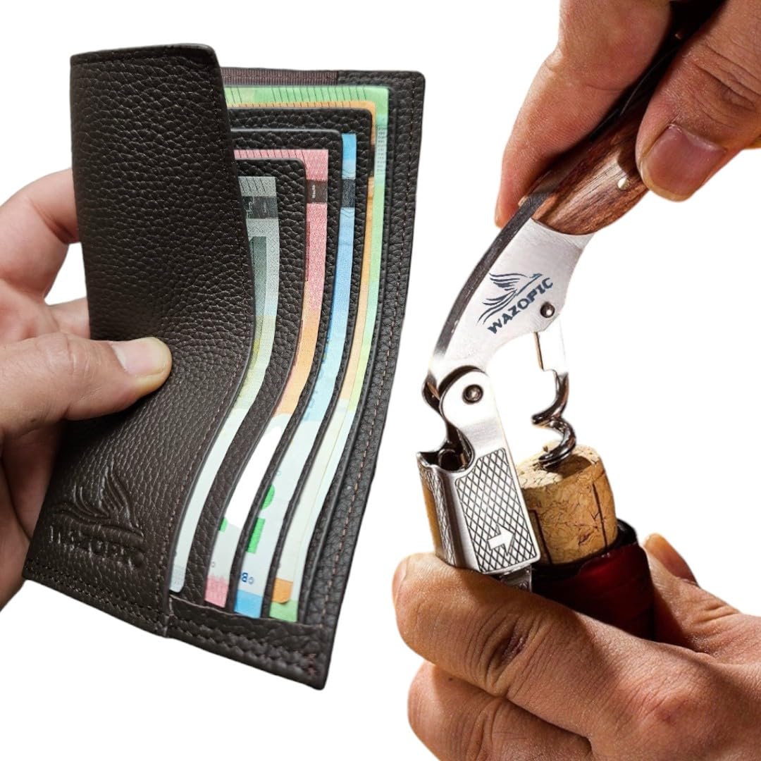 Portefeuille Serveur (se) + Tire Bouchon Professionnel en Acier Inoxydable décapsuleur et Coupe-Capsule (Marron)