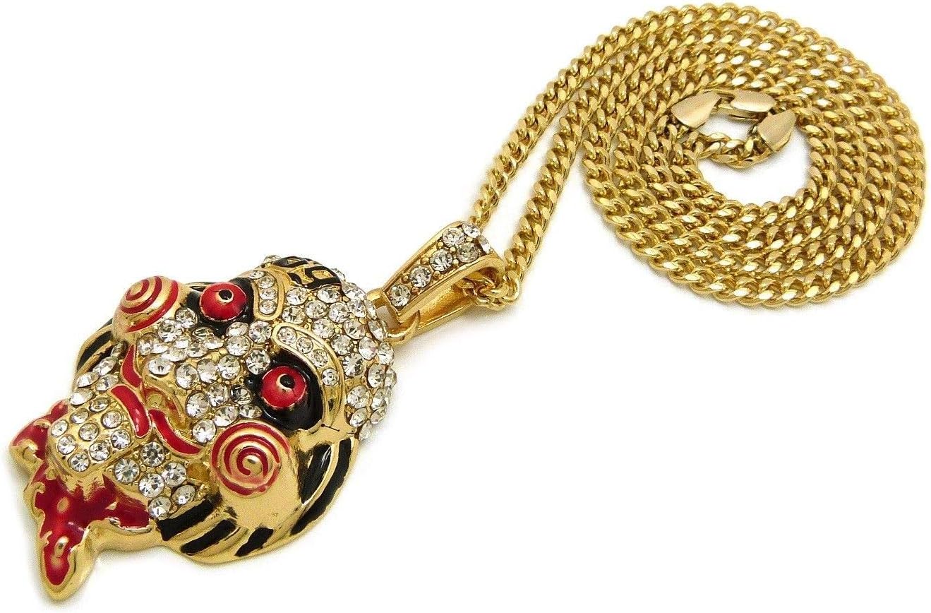 Hip Hop Gold Plated Iced Bling Lab Diamonds Watch & Jigsaw Pendant Necklace Set