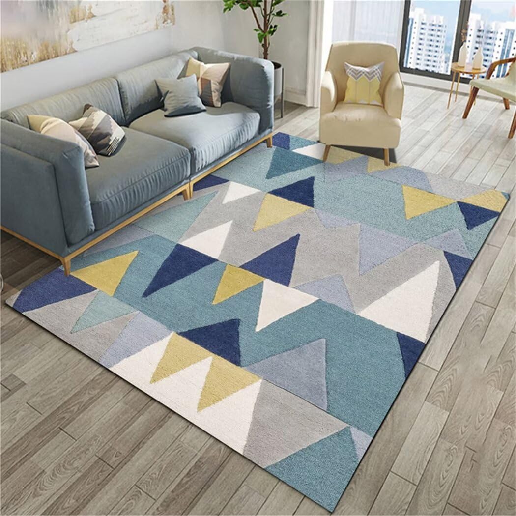 Tapis de salon poil court bleu 160x200cm à motif géométrique