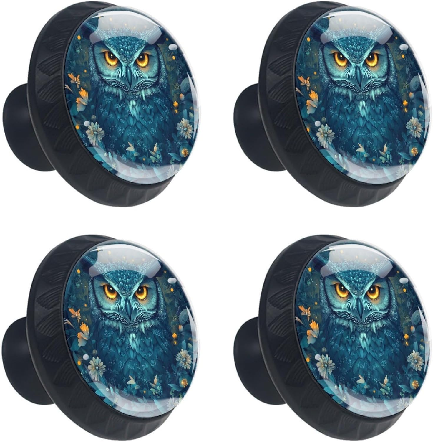 4 Pack Dresser Drawer Cabinet Knobs Twinkle Owl Black Round Drawer Knob Pull Handle with Screws for Kitchen Wardrobe Cupboard Furniture Decor