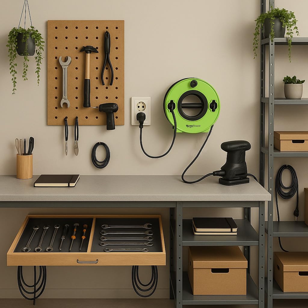 MutecPower avvolgicavo con prolunga Schuko da 20 m, spina ultra piatta con linguetta ribaltabile H05VV-F 3G1.5, 16A/250V, IP20 per uso interno – verde, portatile, avvolgibile e montabile a parete