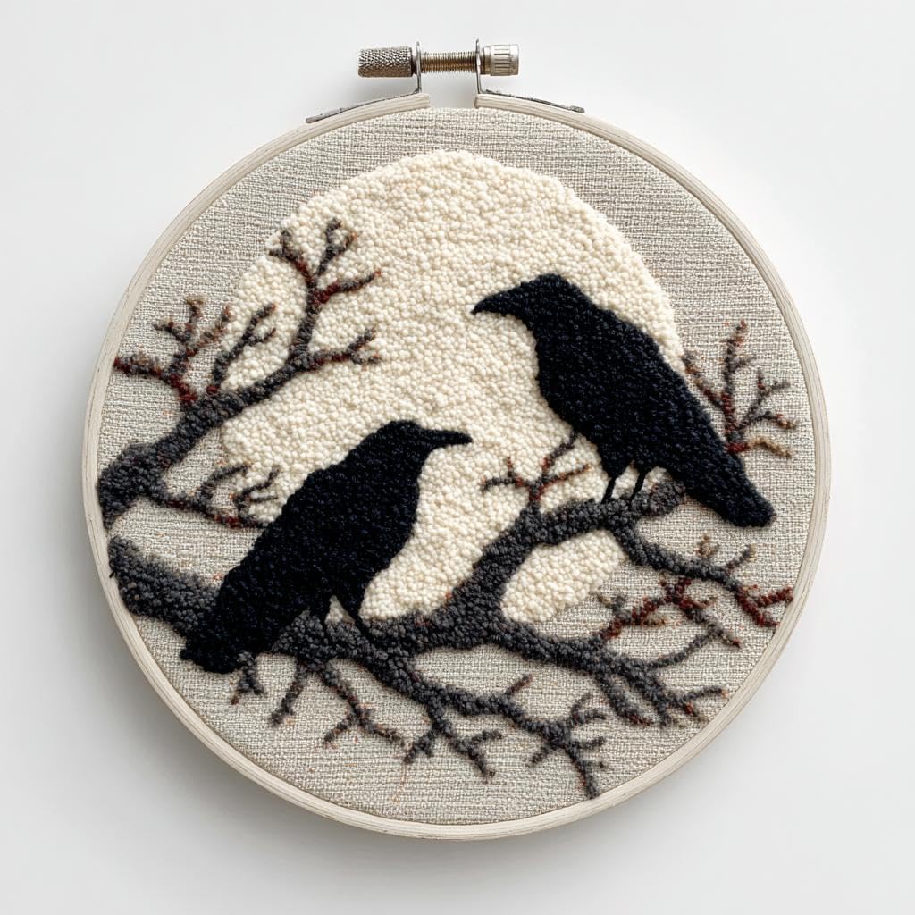 DIY Punch Needle Kits Crows Withered Trees and Moon 20x20cm-2