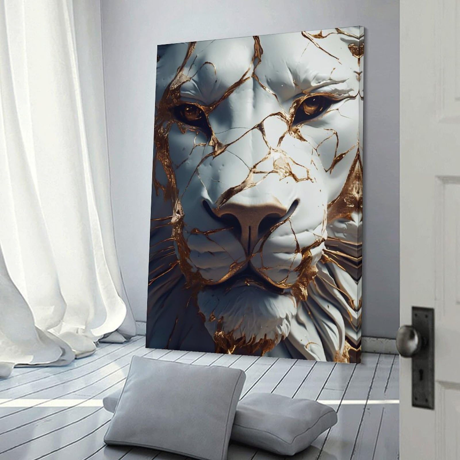 Junmoney Hanging Wall Art Cracked White Lion with Gold Inlays, 12x18inch(30x45cm), for Wall Displays, Bedrooms Or Room Updates, Wall Decor Suited to Curated Displays