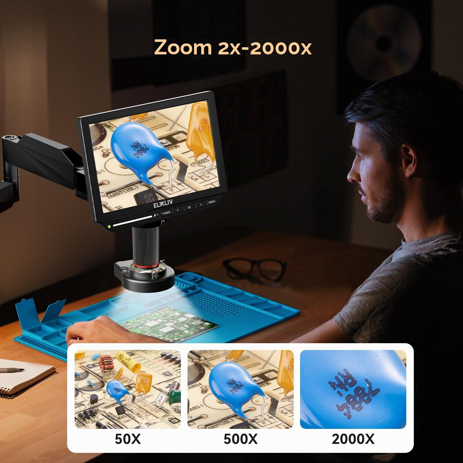 Elikliv EM4K Flex 4K Digital Microscopio, 10.1" HDMI Saldatura Microscopio con Flex Arm Stand per Riparazione Elettronica, 52MP Coin Magnifier per Monete Errori, Anello Luce, Silicone Saldatura Mat