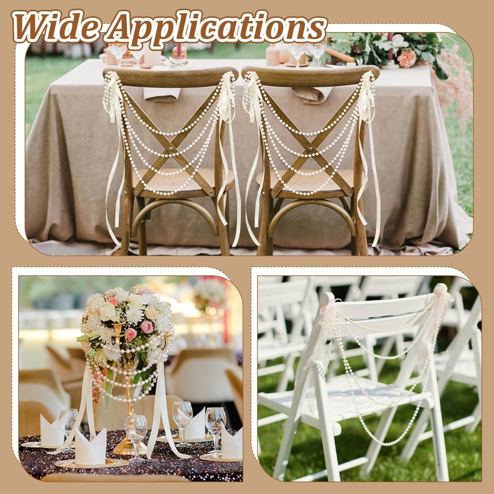 20PCS Wedding Pearl Bow Chair Decor White Pearl Beads Garland Chair Sashes Wedding Aisle Decorations Aisle Chair Sashes Decorations for Ceremony Coquette Party Banquet Outdoor Decor