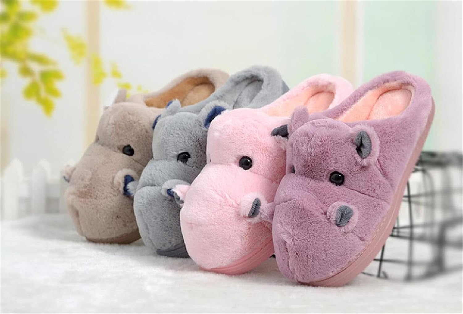 YILANLAN Women's Cartoon Animal Hippo Slippers - Winter Warm Furry Cute Home Slippers - Image 3