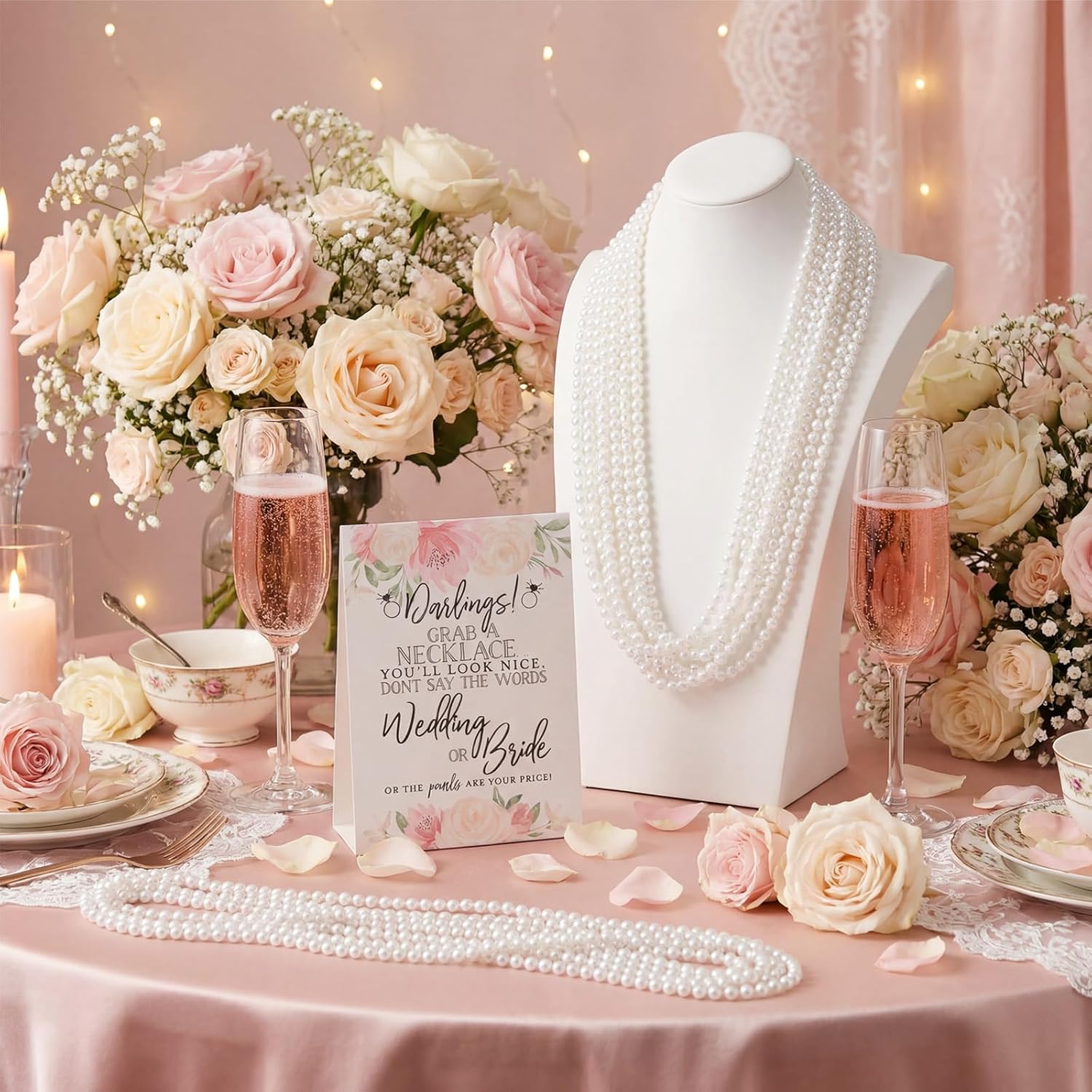 Kenning 51 Pcs Bridal Shower Games Supplies Don't Say Bride or Wedding Game with 50 White Faux Pearl Necklaces Boho Flowers Wedding Games Cards for Engagement Bachelorette Party Supplies