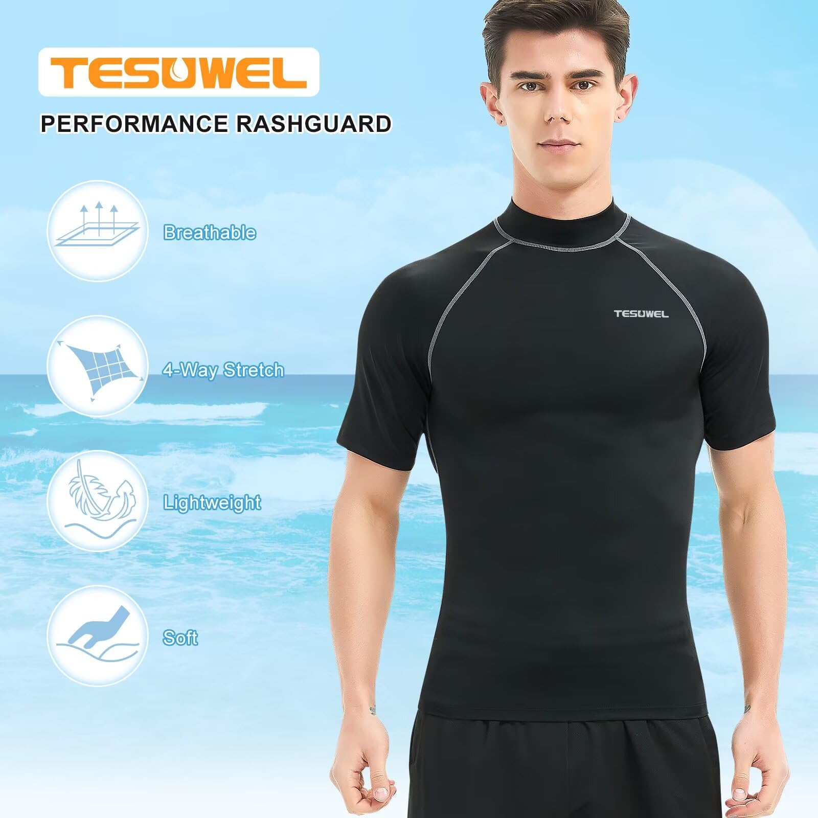 Camisetas de natación de manga corta con protección UV UPF 50+ para hombre, de secado rápido, para surf, antirozaduras