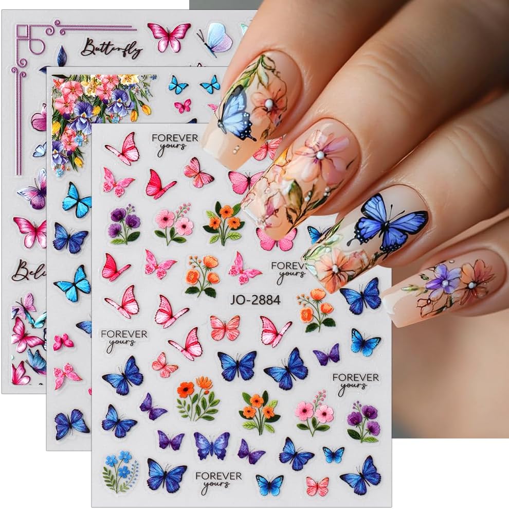 Butterfly Nail Art Stickers 3D Dreamy Watercolor Flower Butterfly Nail Decals Colorful Spring Summer Butterflies Flowers Nails Stickers For Women Girls DIY Manicure Design Decoration Nails Accessories