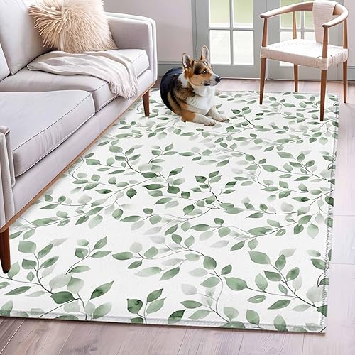 Miniatura 25 de Round Rugs 6ft, Gray Eucalyptus Leaves Non-Slip Area Rugs for Living Room Bedroom Entryway, Summer Botanical Watercolor Retro Washable Carpet Runner