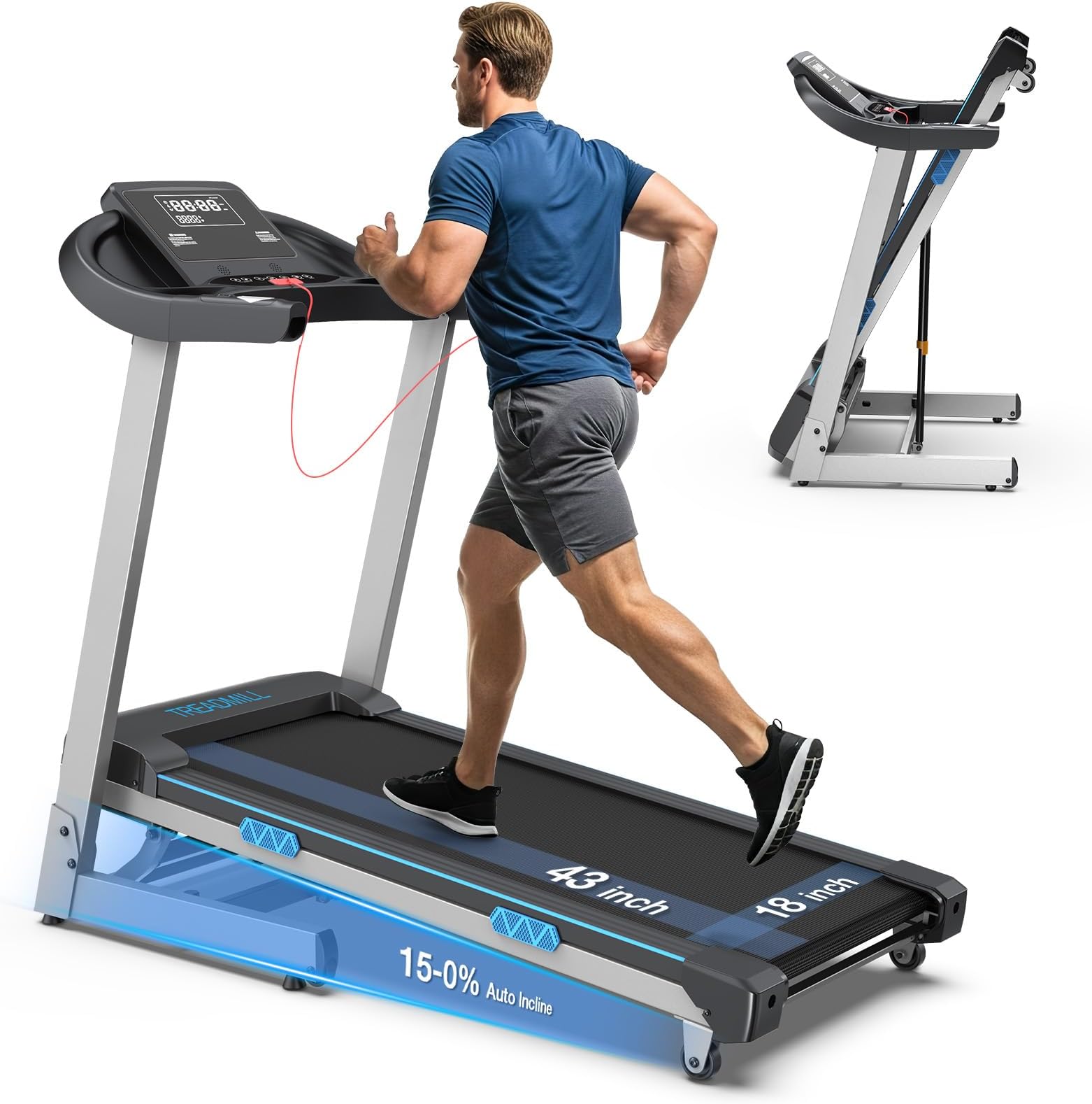 WELLFIT Auto Incline Folding Treadmill - 15% Incline Desk Walking Pad Treadmill with Handlebar, 400 lbs Heavy-Duty Capacity, Space-Saving Quiet Under-Desk Design for Home Office, Seniors & Fitness