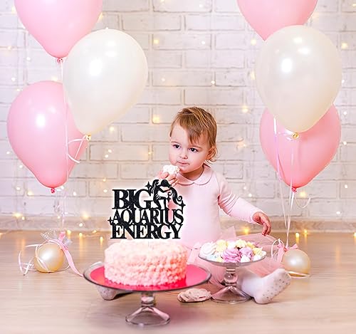 Miniatura 4 de Decoración de pastel de energía de acuario grande con purpurina negra, feliz cumpleaños acuario en enerofebrero, temporada de acuario, 12