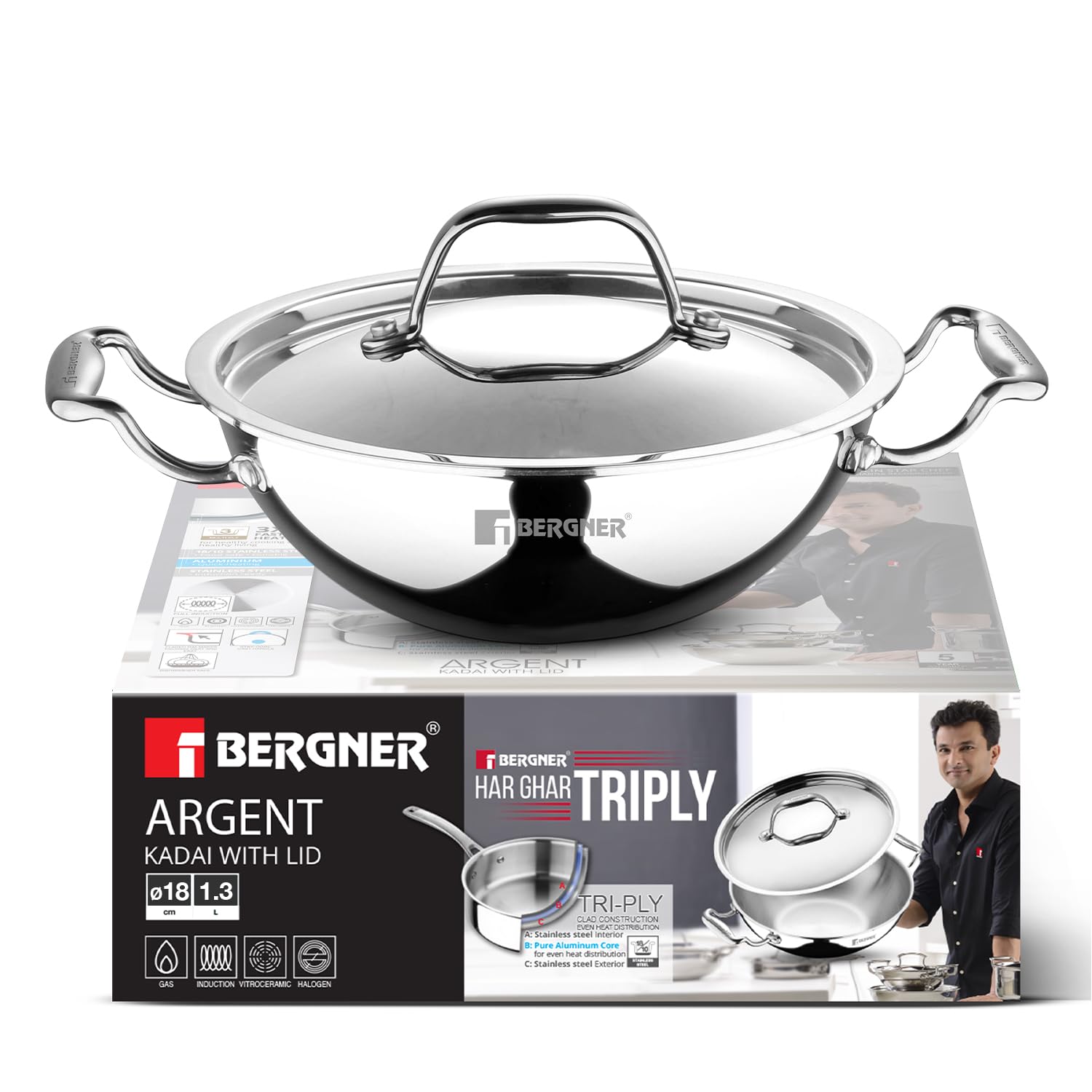 BERGNER Argent TriPly Stainless Steel 18cm Kadai with Stainless Steel Lid, 1.3 Liters Small Kadhai with Lid, Less Oil Use, Healthy Cooking, Stay Cool Cast Handles - Induction and Gas Stove Ready