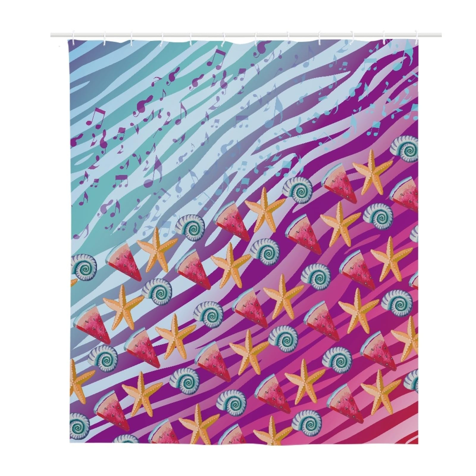 Rideau de douche 180x200 motif étoile de mer jaune et pastèque rouge en tissu imperméable