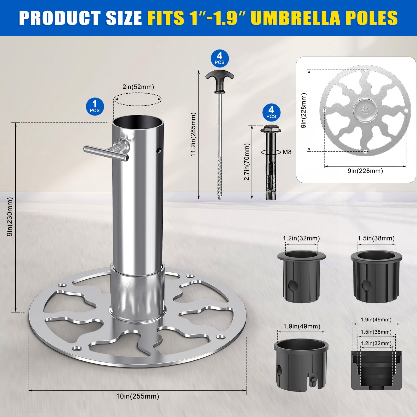 Dolibest Portaombrelli da patio resistente (palo da 1 a 1,9 pollici), base per ombrellone da esterno con picchi/tasselli di espansione, base per ombrellone in acciaio per patio, cortile, erba/cemento