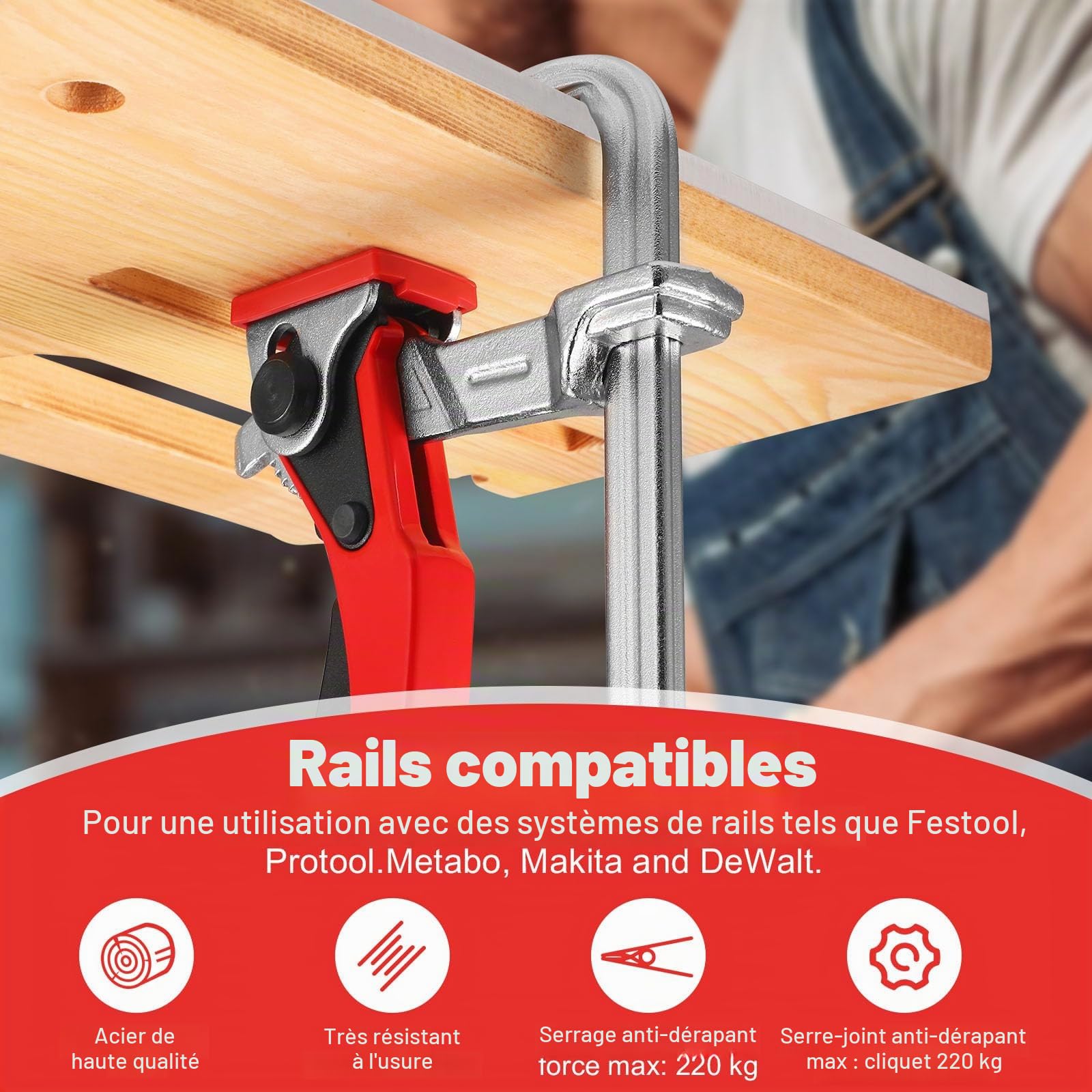 Serre Joint Rapide, 2 Pièces Serre Joint Rail de Guidage Menuisier avec Capacité de 160mm et Profondeur de Gorge de 60mm Pince de Serrage à Dégagement Rapide pour le Ponçage Meulage et la Coupe